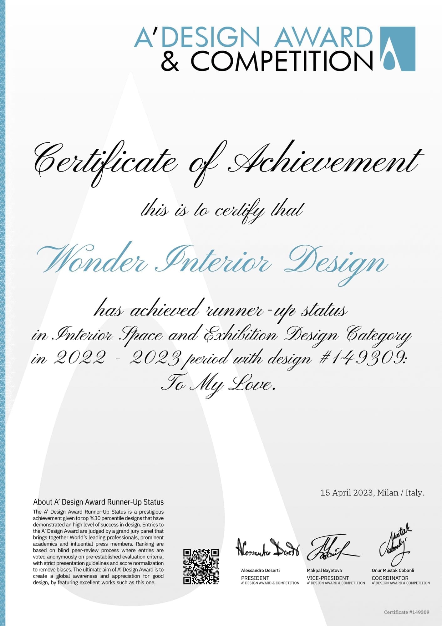 A' Design Award 2022–23 Runner-Up — To My Love